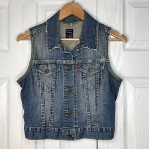 Vintage Levis Denim‎ Vest Women Small Blue Jean Y2K Med Wash Faded Trucker 09'